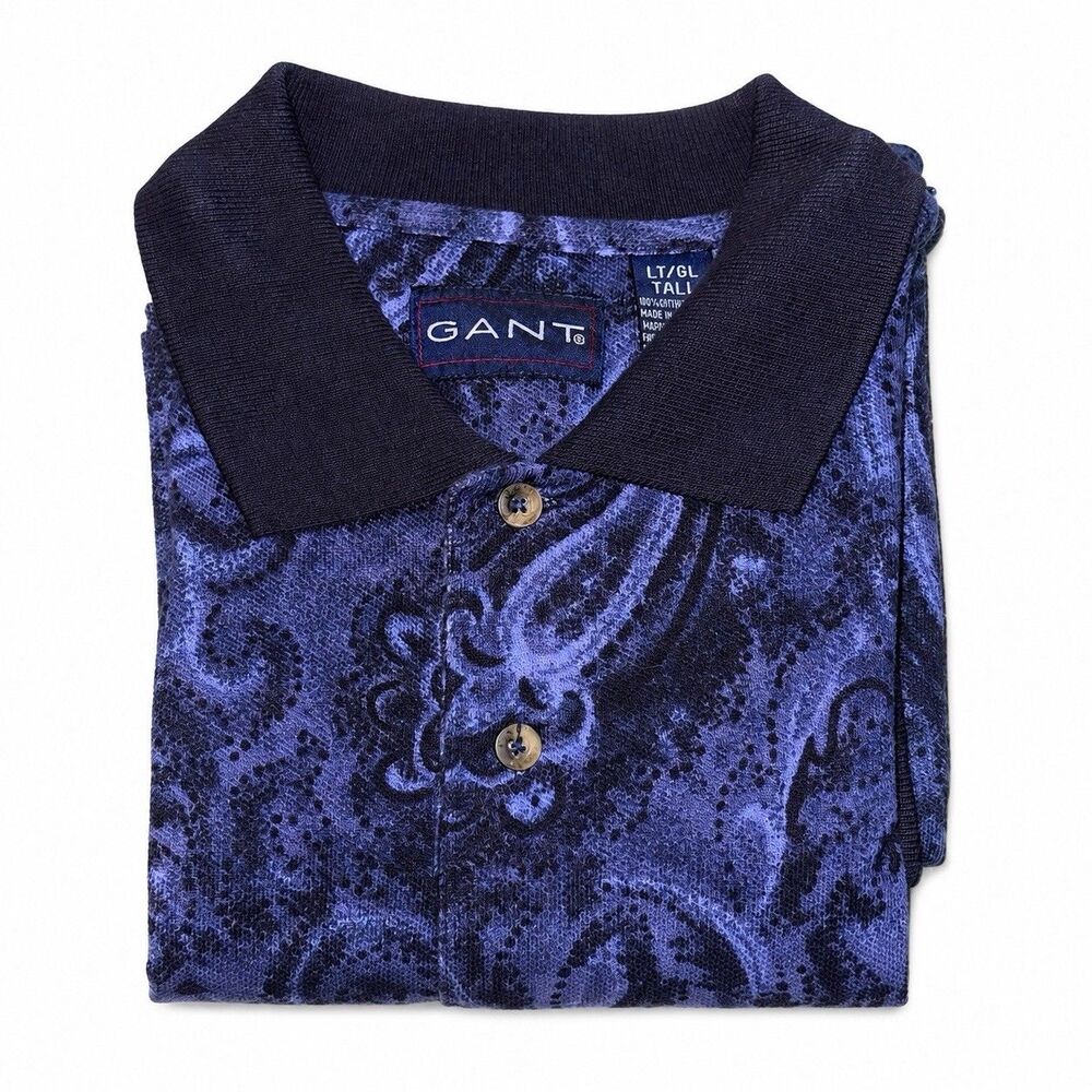 Vintage GANT Paisley Polo Shirt Men LT Tall Blue Black Cotton USA Islands - Picture 5 of 6